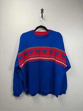 American Weekend Womens Sweatshirt Blue Red Heart Crewneck Pullover XLarge